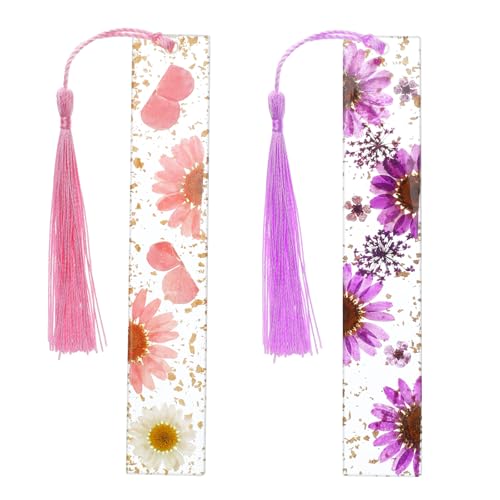 2 Stück Lesezeichen Mädchen Getrocknete Blumen Lesezeichen mit Quaste Kunstharz Blumen Bookmark Aesthetic Transparente Gepresste Blumen für Buchliebhaber Männer Leseliebhaber