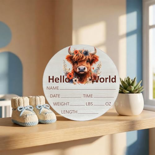 Image of Highland Cow Baby Announcement Sign, Wooden Nursery Name Plaque 6in | Highland Cow Themed Wooden Name Sign for Newborn Announcement, Nursery Decor, Baby Shower Gifts, Records Name, Date & Weight
