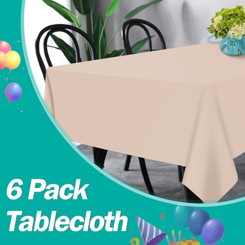 Image of tujol Ivory 6 Pack Plastic Table Cloth 54 inch x 108 inch, Disposable Tablecloths Rectangle Table Cover, Plastic Tablecloths for Parties