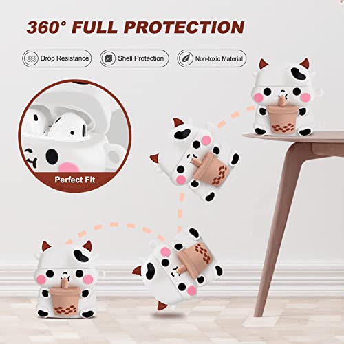 Moloppo Cute Airpods Case, Airpods 2 Case, Boba Tea Cow Funny 3D Cartoon Animal Case, Soft Pvc Full Protection Shockproof Charging Case Cover With Carabiner For Airpods 1St Generation, 2Nd Generation #TOP4