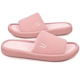 LongBay Women’s Waffle Slippers Open Toe Slip On Memory Foam Flat Summer House Slipper Pink, 5-6