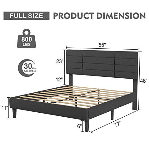 Lonkwa Full Bed Frame Linen Upholstered Platform Bed With Modern Adjustable Headboard, Mattress Foundation, Wood Slat Support, No Box Spring Needed, Dark Grey #TOP1