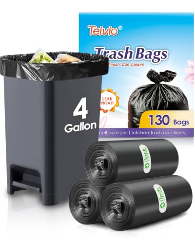 Image of Teivio Small Trash Bags 4 Gallon 130 Counts Garbage Bags, Bathroom Trash Can Bin Liners, Small Plastic Bags for home office kitchen, fit 12-15 Liter, 3,3.5,4.5 Gal, Black