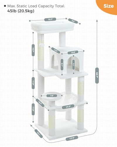 Image of MUTTROS White Cat Tree for Indoor Cats, 45.7 inch Multi-Level Cat Tower with Large Metal Frame Hammock, Cat Condo with 4 Scratching Posts and Top Perch, White