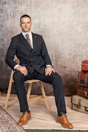 Men's 2 Pieces Pinstripe Men Suits Slim Fit 2 Button Double Breasted Suit Blazer Jacket Vest Pants Set3