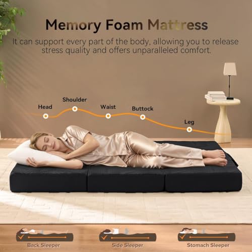 Image of Foldable Mattress, 6 Inch Memory Foam Tri-Fold Mattress King, Tri Folding Mattress with Washable Cover, Handles and Non-Slip Bottom for Yoga, Living Room, Camping, 80 inchx76 inchx6 inch, Black