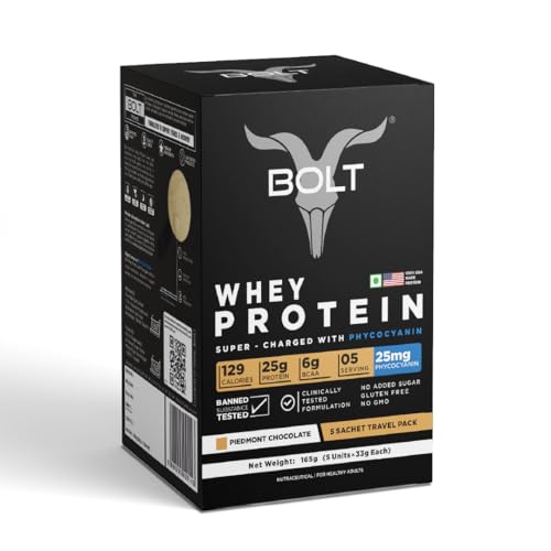 Image of Bolt Whey Protein Protein Powder | 5 Sachet Travel Pack (5x33g) | Piedmont Chocolate | 25g Protein per Serving | 6g BCAA | Muscle Support & Recovery | No Added Sugar | Gluten-Free | Easy to digest
