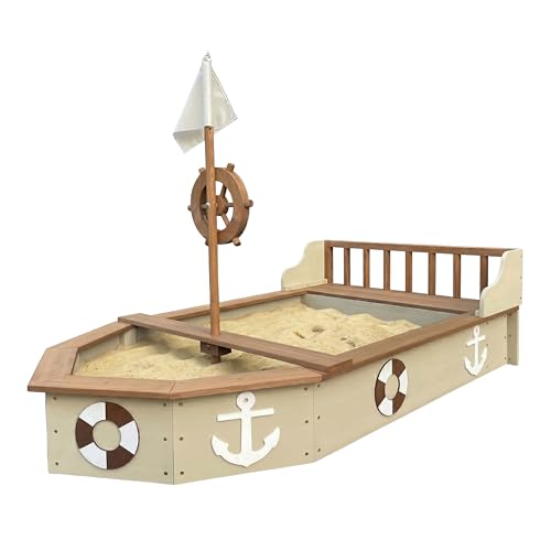 AXI Doris Sandkasten Boot/Schiff aus Holz - Beige | Sandkastenschiff mit drehbarem Ruder Flagge & Sitzbank | Sandkastenboot/Piratenschiff mit Abdeckung und Bodentuch | 153x90x100 cm