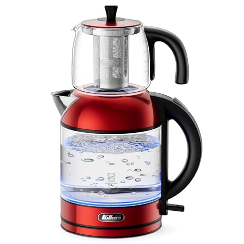 Feller Germany TS289 2-in-1 Tea Maker 2L German Schott Glass Kettle + 1L Teapot 2200W Strix Control Keep Warm BPA Free Stainless Steel Filter (Red)