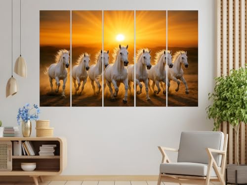 Image of KYARA ARTS Seven Running Horses Wall Art Painting | Vastu Inspired Home Decor | Large Multi Panel Horse Artwork for Living Room, Bedroom, Office & Lobby | Golden Sunrise Design (30inchx 50inch)