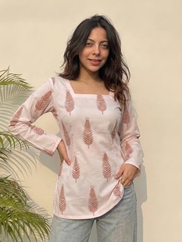 Image of ANNI Designer Women's Viscose Blend Printed Short Kurti | Straight Fit Ethnic Top with Square Neck | Bell Sleeve Indian Kurta for Office College, Party