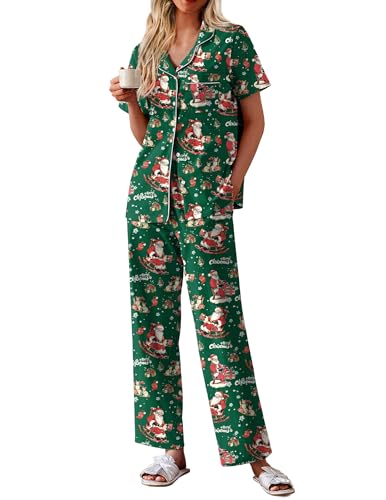 Image of Ekouaer Women's 100% Cotton Pajamas Set Short Sleeve Button Down Pjs 2 Piece Soft Sleepwear with Long Pants Lounge Set