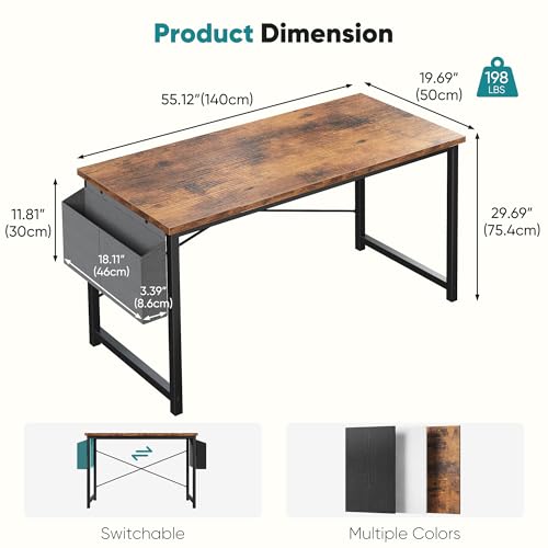 Image of OLIXIS Computer Desk, 55 Inch Gaming Desks for Home Office Small Spaces | Writing Study Craft Work Table, Computer Workstation for Bedroom with Storage Bag, Rustic Brown