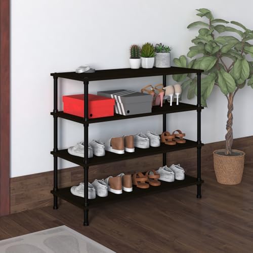 Image of TABLE MAGIC Jazz Shoe Rack Wooden Organizer | 4-Tier Multipurpose Shoes Stand for Home Wooden Shelves with & Steel Frame, Space-Saving Home Organizer, D30 x W60 x H65cm - Wenge