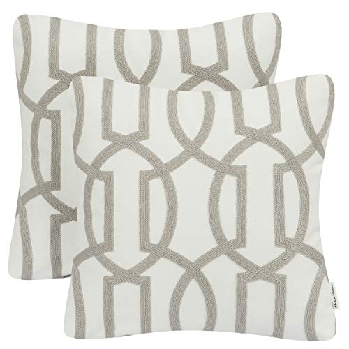 Mika Home Pack of 2 Embroidery Geometric Links Accent Decorative Throw Pillow Cover Sofa Cushion Case for 18X18 Inserts Cotton Fabric Grey White