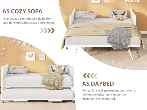 Image of Daybed with Trundle, Metal Twin Size Day Bed with Industrial Wood Grain Headboard, Metal Slat Support & Lockable Casters, Space-Saving Sofa Bed for Living Room /Guest Room, No Box Spring Needed, White
