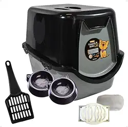 Caixa de Areia para Gatos com Tampa, Bandeja Higiênica Fechada com Filtro de Odores, Pá e 2 Comedouros