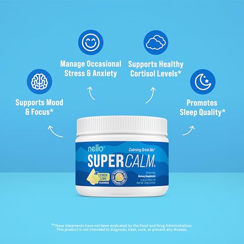 Image of Nello Supercalm Powdered Drink Mix Tub, Cortisol Reducer* and Sleep Aid Supplement, L Theanine, Ksm-66 Ashwagandha, Magnesium Glycinate, Vitamin D 3, No Sugar, Non GMO, On The Go, 30 Ct, Lemon Lime