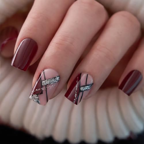 CurvLife Medium Square Fall Press On Nails, Mocha Geometry Gold, Soft Gel
