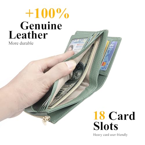 Image of Genuine Leather Wallets for Women RFID Blocking Bifold with Zipper Pocket, 2 ID Windows, 18 Card Slots, Green