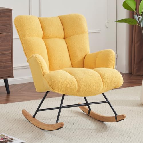Image of SAETSFEG Nursery Rocking Chair, Upholstered Glider Rocker with High Backrest, Comfortable Stylish Accent Armchair with Padded Seat, Yellow
