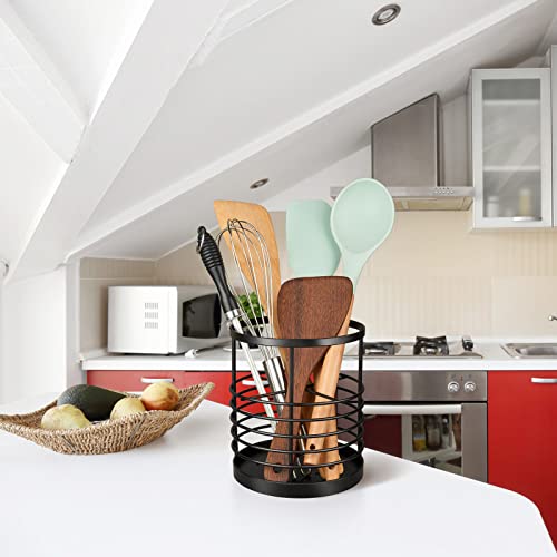 RedCall-Utensil-Holder-for-Kitchen-CounterCooking-Utensil-Holder-for-Spatula-SpoonWire-Utensil-OrganizerMetal-Stainless-Steel-Round-Utensil-Caddy-Crock-Flatware-Storage-for-Countertop-Black