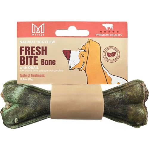 MERSJO Fresh BITE Bone, Funktionaler Kauknochen, Hundeleckerli mit Wachtel, Minze, Papaya & Spirulina – 13,5 cm, 70 g – Natürlicher Kausnack für frischen Atem & gesunde Verdauung, 100% Natur