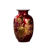Red Vase Oriental Ceramic Flower Vases Decorated with Peony Design for Home Living Room Ornaments and Wedding Tall 9''