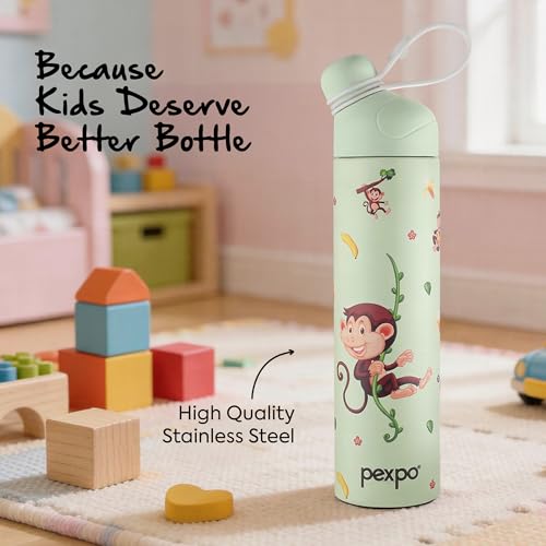 Image of Go24 pexpo Water Bottle for School Kids, ISI Certified Stainless Steel Sipper Bottle for Kids 470ml (Pack of 2) | Hot & Cold Thermos Insulated Water Bottle|6+ Years Kids|Pico 500 - Green - Monkey
