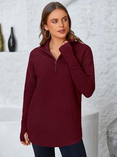 Image of PRETTYGARDEN Womens Long Sleeve Quarter Zip Pullover Sweater | Casual Loose V Neck Sweaters with Thumb Hole, Collared Ribbed Knit Jumper Tops, Oversized Tunic Tops, Fall Outfits 2026