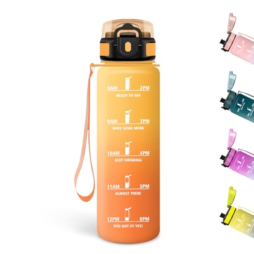 Motswedi Botella Agua Niños, 500ml, a Prueba de Fugas, Cantimplora, Sin BPA, Botella Agua Gimnasio, con Marca de Tiempo, Cantimplora Infantil para Gym, Bicicleta, Yoga, Oficina, Amarillo & Naranja