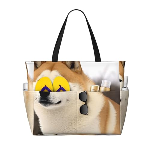 Beach Bags For Women Large Waterproof Sandproof Beach Tote Bag Lightweight Zipper Carry On Bag Akita Pool Bag For Gym Travel Vocation