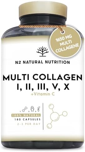 MULTI COLLAGENE Idrolizzato 1650mg. Peptidi di Collagene Marino e Bovino Tipo 1, 2, 3, 5, 10. Collagene Integratore per Articulazioni, Pelle e Ossa + Vitamina C. 180 Capsule. N2 Natural Nutrition