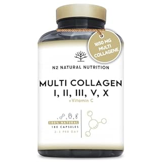 MULTI COLLAGENE Idrolizzato 1650mg. Peptidi di Collagene Marino e Bovino Tipo 1, 2, 3, 5, 10. Collagene Integratore per Articulazioni, Pelle e Ossa + Vitamina C. 180 Capsule. N2 Natural Nutrition