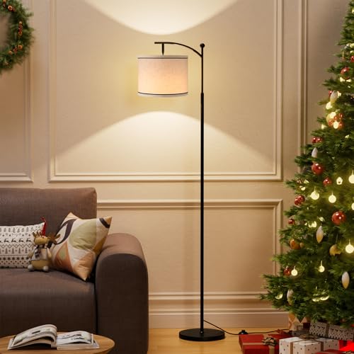 Image of Ambimall 60 inch Floor Lamp for Living Room with 3 Color Temperatures, Beige Lampshade with Black Stripes, Tall Lamp for Bedroom Office, 9W Bulb Included