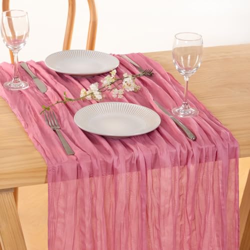 Image of MLMC 2 Pack Mauve Pink Table Runner Cheesecloth Table Runner 10ft Sheer Rustic Gauze Summer Cheese Cloth Decor 35x120 Inches for Wedding Party Bridal Shower Birthday Decor