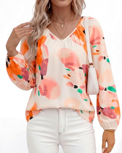 Zenlonr Women's Summer Tops Dressy Casual 2026 V Neck Satin Silk Printed Shirts Boho Long Sleeve Work Blouses(Orange Watercolour,Small) — view 3