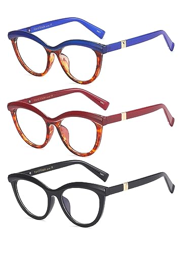 ICARA 3 Pack Ladies Reading Glasses Blue Light Blocking Eyeglasses Cute Stylish Reader (blue+red+black, 1.75, multiplier_x)