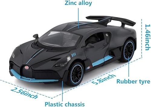 Image of Die-Cast Model Car, 1:32 Scale, Black with Gold Accentsband Hood Pull Back Super Car with Openable Doors Sound and Light for Birthdays Gift Party Decorations (Bugatti 1:32)
