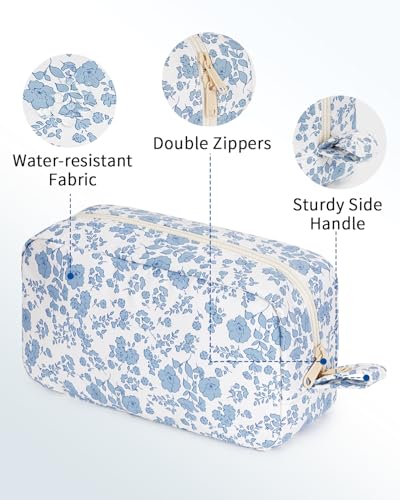 Image of Narwey Cute Makeup Bag Small Toiletry Bag Travel Cosmetic Bag Organizer Make Up Bags with Organized Pockets for Women (Blue Flower, Large)