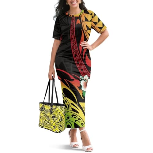 Image of Puletasi Samoan Traditional 2 Piece Outfits for Women Short Sleeve Crop Top and Maxi Skirt Sets Puletasi Dress