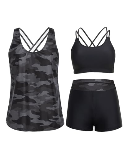 Holipick Camo 3 Piece Tankini Swimsuits for Women Tummy Control Bathing Suits Swim Tank Top with Bra Boy Shorts Teen Swimwear XL