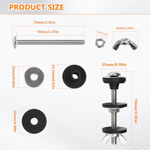 HUAREW Universal Toilet Tank to Bowl Bolt Kit, Heavy Duty Bolts Toilet, with Waterproof Stainless and Rubber Washers Gasket, Set for Toilet Mounting and Repair(Pack of 2)