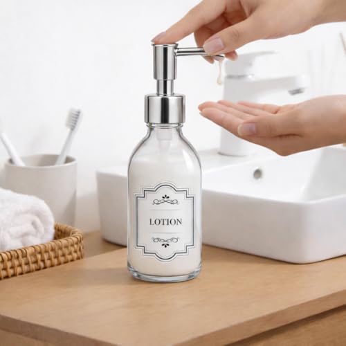Homepicker 8 oz Clear Glass Pump Bottle, 250ml Small Lotion Dispenser Bottle for Body Massage Oil, Refillable Empty Hand and Dish Soap Dispensers Set with Plastic Silver Pump, Labels - 2 Pack