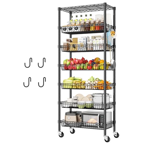 Image of DurayLoly 7-Tier Wire Shelving Unit with Basket Shelf & Locking Wheels, Storage Shelves with Hooks for Space-Saving Kitchen Pantry Bathroom Closet Organizer, 72 inch H x 30 inch W x 14 inch D, Black