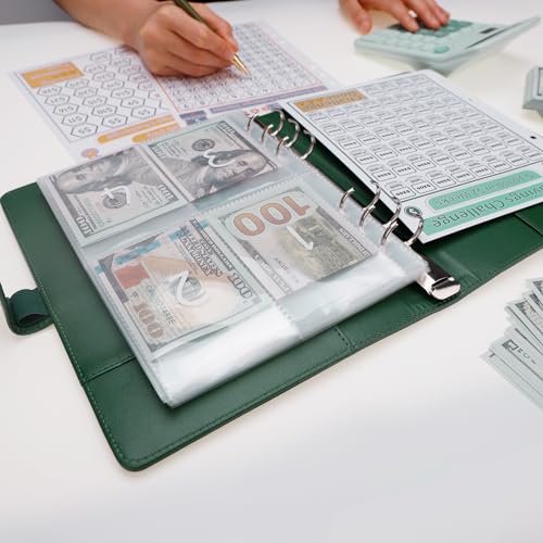 Image of Antner 100 Envelopes Money Saving Challenge Binder, Savings Challenges Book with Envelopes & 3 Challenge Trackers to Save $5,050 and $500 and $10,000, A5 Budget Binder Money Saving Book, Dark Green