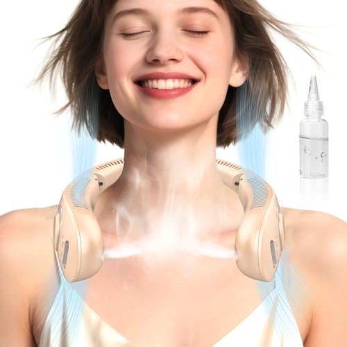 Image of Neck Fan that Blow Cold Air with Mist Spray, Rechargeable with Long Battery Powered, Foldable Water Cooler with LED Display, Leafless Necklace Fans for Women Adult Hot Flashes Summer Outdoor, Apricot