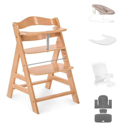 hauck Alpha+ Economy Bundle Beech Natural - Wooden High Chair from Birth to 99 Years - Grow Along Highchair with Newborn Bouncer Baby Seat Reducer Seat Pad and Click On Tray