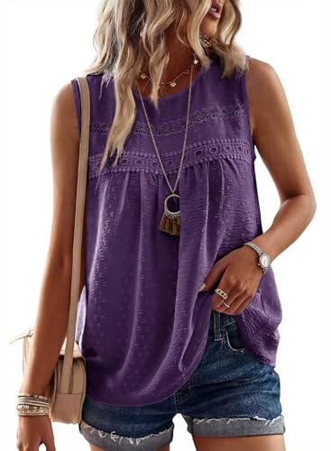 Image of Falechay Womens Summer Tops Boho Shirts Crewneck Sleeveless Tank Tops Flowy Lace Hem Casual Blouses Clothing Trendy 2026