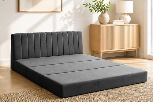Image of 3-Seater Foldable Floor Sofa Bed with, Modern Velvet Fabric Folding Couch for Living Room, Guest Room & Small Spaces-Black